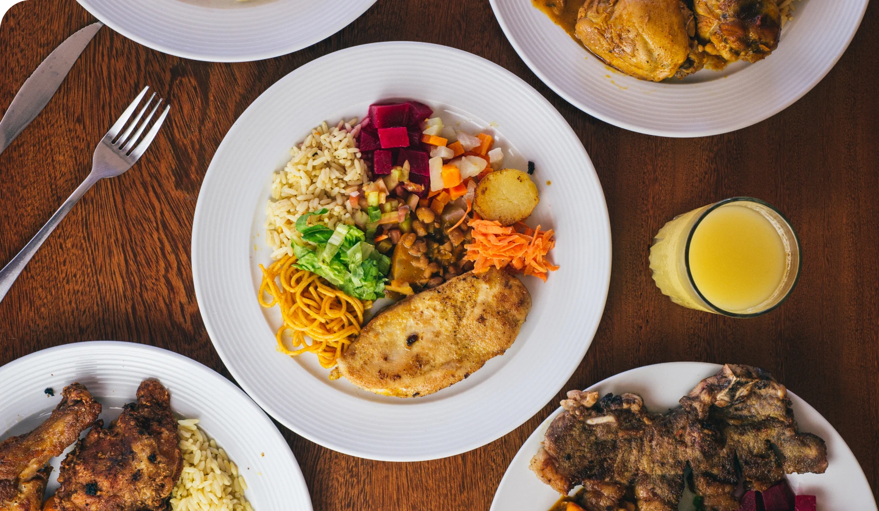 Variety of food plates and drink