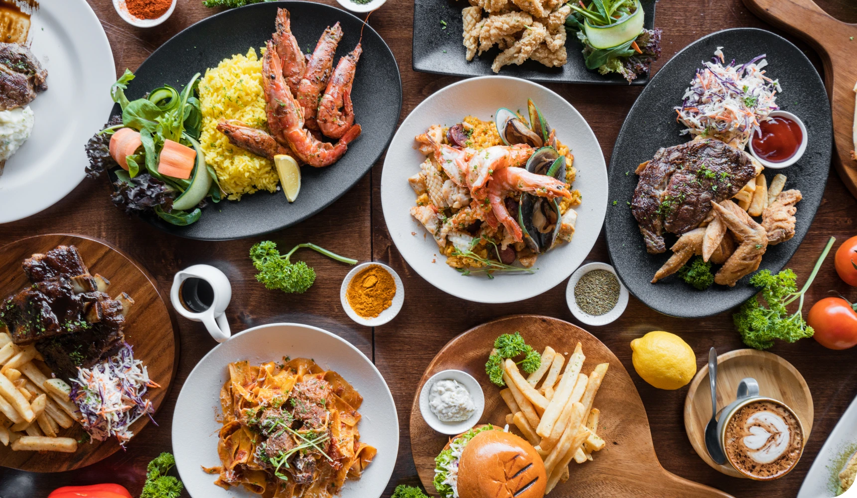 Assorted dishes on a wooden table